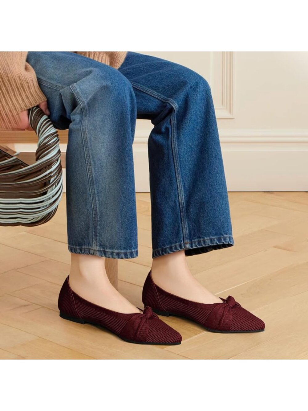Women's Red Pointed Toe Knit Washable Ballet Flat Comfortable Dress Shoes - Picture 3 of 6